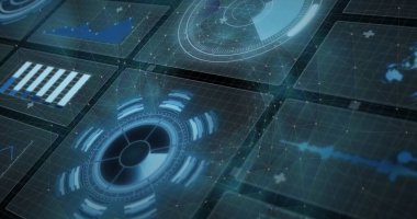 Siyah arkaplanda tarama yapan dijital veri işleme ve dürbünün resmi. Dijital olarak oluşturulmuş küresel bağlantılar, hesaplama ve veri işleme kavramı.