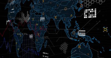Dünya haritası üzerinde veri işleme resmi. Küresel finans, iş, bağlantılar, hesaplama ve veri işleme kavramı dijital olarak oluşturuldu.
