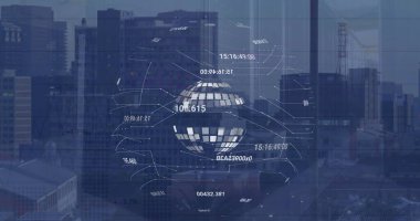 Veri işleme ve şehir manzarası üzerindeki dünya görüntüsü. Teknoloji ve dijital arayüz kavramı dijital olarak oluşturuldu.