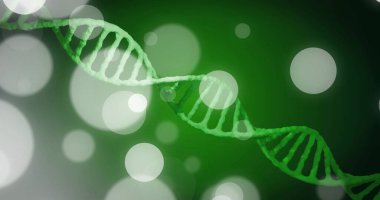 Koyu arkaplanda dönen DNA ipliği görüntüsü. Küresel bilim, tıp, bağlantılar, bulut hesaplama ve veri işleme kavramı dijital olarak oluşturuldu.