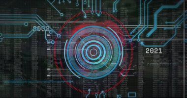 Bilgisayar devre kartından dijital veri işleme resmi. Dijital olarak oluşturulmuş küresel bağlantılar, hesaplama ve veri işleme kavramı.