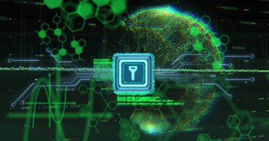 Tüm dünyada anahtar simge ve bilimsel veri işleme imgesi. Küresel bilim, bağlantılar, hesaplama ve veri işleme kavramı dijital olarak oluşturulmuş görüntü.