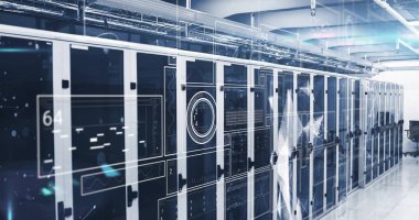 Bilgisayar sunucuları üzerinden dijital veri işleme resmi. Dijital olarak oluşturulmuş küresel bağlantılar, hesaplama ve veri işleme kavramı.