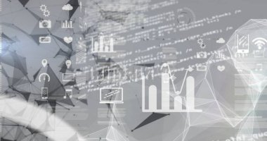 Beyaz arkaplandaki bağlantı ağı üzerinden simgelerle veri işleme resmi. Küresel teknoloji, bilgisayar ve dijital arayüz kavramı dijital olarak oluşturulmuş görüntü.