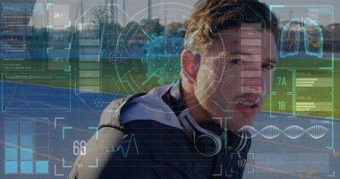 Kafkas sporcusu üzerinde şema ve bilimsel veri işleme resmi. Küresel spor, teknoloji ve dijital arayüz kavramı dijital olarak oluşturulmuş görüntü.