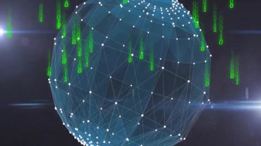Animasyon tarzında dijital ağ küresi üzerinde taşan yeşil ikili kod. Teknoloji, siber güvenlik, matris, siber, internet, sanal