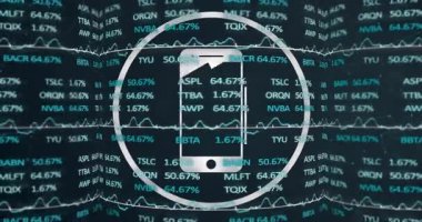 Finansal verilerle çevrili akıllı telefon ve borsa yüzdeleri animasyon. Maliye, ekonomi, yatırım, ticaret, analitik, büyüme