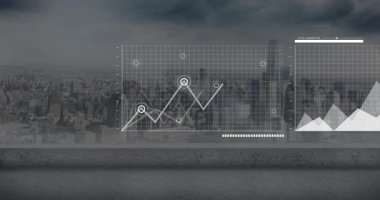 Şehrin arka planında grafik ve bar çizelgesi animasyonu, veri analizini gösteriyor. Analiz, istatistik, kentsel, görselleştirme, bilgi ve araştırma