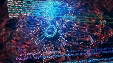 Teknoloji temalı arka planda dijital kodun üzerinde canlandırma yapan büyüteç. Teknoloji, yenilik, siber güvenlik, yazılım, kodlama, analitik