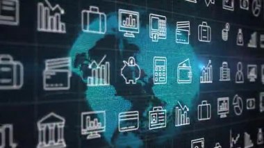 İş simgeleri ve grafikleri arka planda olan dijital dünya haritasının animasyonu. Teknoloji, küresel, finans, analitik, veri, ağ