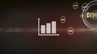 Kripto temalı grafikler ve dairesel metin elemanlarıyla yükselen bar tablosunun animasyonu. Finans, kripto para birimi, analitik, engelleme zinciri, büyüme, veri