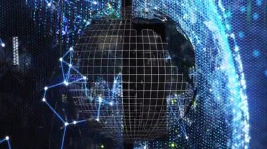 Ağ bağlantıları olan dijital dünya mavi arkaplan animasyonunda veri işliyor. Teknoloji, bağlantı, iletişim, siber, geleceksel, küresel