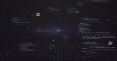 Dijital kodun animasyonu, geometrik şekiller okuldaki gelecekteki şebekelerin üzerinde yüzüyor. Teknoloji, siber, soyut, kodlama, yenilik, eğitim