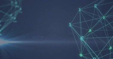 Koyu mavi arka planda finansal semboller ve veri görselleştirmesi canlandırılıyor. Finans, animasyon, teknoloji, ekonomi, borsa, analiz