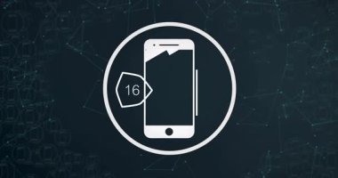 Animasyonda, dijital ağ üzerinden 100 rozetli akıllı telefon simgesi. Teknoloji, iletişim, bağlantı, bildirim, internet, cep telefonu