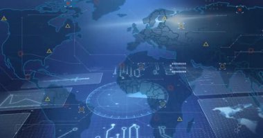 Veri sembolleri ve kıtalar arası ağ bağlantılarıyla dijital haritanın animasyonu. Teknoloji, bağlantı, küresel, siber alan, iletişim, fütürist