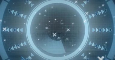 Mavi tonlardaki dairesel desenler ve oklar fütüristik dijital animasyon yaratıyor. Soyut, teknoloji, yenilik, hareket, yön, enerji