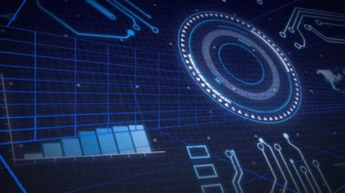 Okulda, gelecekteki dijital arayüzün mavi geometrik desenlerle animasyonu. Teknoloji, yenilik, sanal, siber, soyut