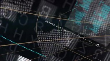 Şebeke çizgileri ve sayılar üzerinde veri işleme animasyonu olan dijital dünya haritası. Teknoloji, ağ, bağlantı, siber alan, analitik, fütürist