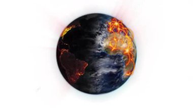 Dünya 'yı çevreleyen, küresel bağlantıyı gösteren parıldayan ağ hatlarının animasyonu. Küreselleşme, teknoloji, yenilik, siber alan, iletişim, veri