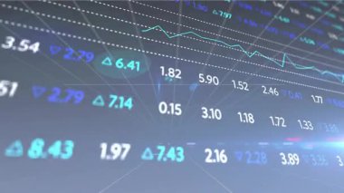 Borsa animasyonu dalgalanan finansal verileri ve sayılarla grafikleri gösteriyor. Maliye, ekonomi, yatırım, analitik, ticaret, dalgalanma
