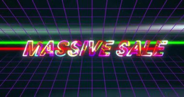 Retro ızgara arka planında neon renkli, animasyonlu büyük indirimli metin. İndirim, terfi, animasyon, canlı, duyuru, renkli