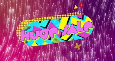 Soyut arka planda renkli geometrik desenleri olan dev bir indirimli animasyon. Promosyon, indirim, pazarlama, ticari, canlı