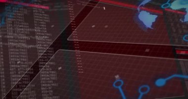 Kırmızı ve mavi grafiklerle bilgisayar kodlarını ve dijital arayüzü gösteren animasyon. Teknoloji, yazılım, programlama, veri, siber, fütürist