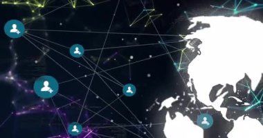 Stilize edilmiş dünya üzerinde dijital ağ bağlantılarının animasyonu ve veri görselleştirmesi. Teknoloji, yenilik, ağ, bağlantı, küresel, fütüristik