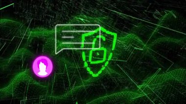 Dijital güvenlik kalkanı ve yeşil veri ağı animasyonu üzerine sohbet simgesi. Siber güvenlik, koruma, şifreleme, teknoloji, iletişim, internet