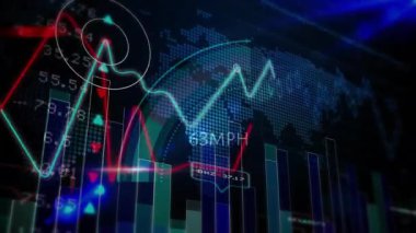 Finansal veri tabloları ve grafik animasyonları dijital dünya haritası arkaplanı üzerinde. Finans, analitik, küresel, veri görselleştirme, teknoloji, ekonomi