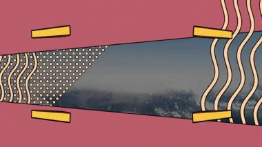Karlı dağ manzarasını çerçeveleyen geometrik şekillerin ve desenlerin animasyonu. Doğa, soyut, simetri, sanat
