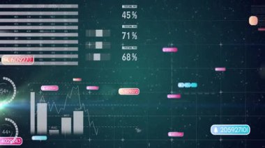 Animasyon kullanarak, turta grafikleri, grafikler ve dünya haritasını gösteren dijital arayüz kullanarak. Görselleştirme, veri, analitik, istatistik, küresel, etkileşimli