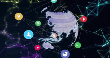 Renkli sosyal medya simgeleri ve bağlantıları olan dijital dünyanın animasyonu. Ağ, teknoloji, iletişim, bağlantı, küresel, etkileşim