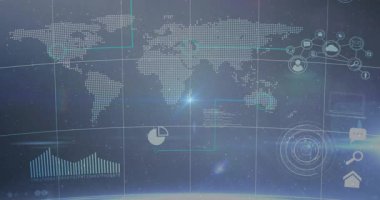 Veri grafikleri ve gelecekteki teknoloji elementleriyle dijital dünya haritasının animasyonu. yenilik, küresel, sanal, analiz, ağ