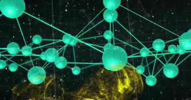 Canlandırmada soyut sarı arkaplanda birbirine bağlanan parlayan yeşil ağ düğümleri. Teknoloji, dijital, bağlantı, gelecek, iletişim, yenilik