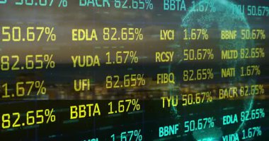 Animasyon, şirket sembolleri ve yüzde değişiklikleriyle borsa verileri gösteriliyor. Finans, yatırım, analitik, büyüme, ekonomi, ticaret