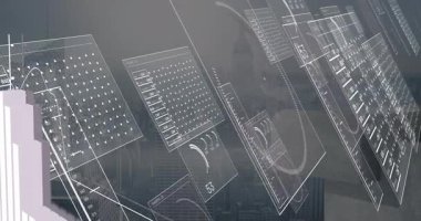 Şehir manzarası üzerinde veri grafiklerini gösteren gelecekteki dijital arayüzün animasyonu. yenilik, teknoloji, analitik, görselleştirme