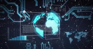 Fütürist veri işleme için devre desenli dijital kürenin animasyonu. teknoloji, siber güvenlik, yenilik, ağ oluşturma, yapay zeka, sanal