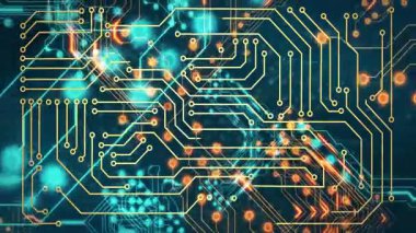 Dijital animasyon arka planında parlayan çizgiler olan devre kartı tasarlamak. Teknoloji, elektronik, yenilik, mühendislik, fütüristik