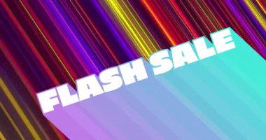 Canlı, renkli çizgili arka planda flash satış metninin animasyonu. Promosyon, perakende, alışveriş, dinamik, bayrak, pazarlama