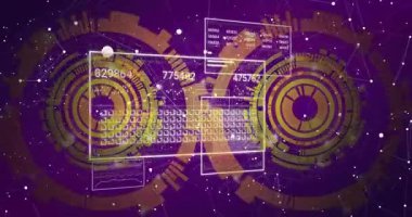 Mor arkaplanda dairesel desenler ve dijital animasyondaki ikili kod. Teknoloji, soyut, geleceksel, veri, matris