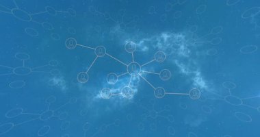 Mavi gökyüzü arkaplanı üzerinde bağlı profillerin canlandırması. Ağ, bağlantı, bulut, dijital, teknoloji, iletişim