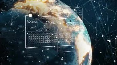 Dijital veri ve ağ bağlantıları uzayda dönen Dünya 'nın üzerinde dönüyor. Teknoloji, küresel, bağlantı, iletişim, siber uzay, fütürist