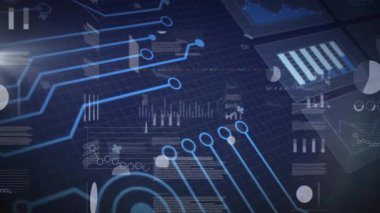 Mavi şebeke arkaplanını kaplayan dijital grafik ve veri grafiklerinin animasyonu. Analizler, veri görselleştirme, istatistik, teknoloji, finans, gösterge paneli