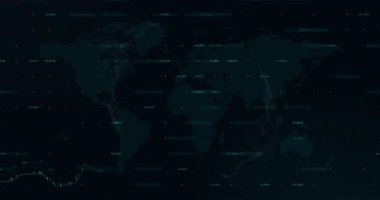 Değişen finansal grafiği ve verileri olan dünya haritası animasyonu gösteriyor. Finans, küresel, analitik, ekonomi, yatırım, ticaret