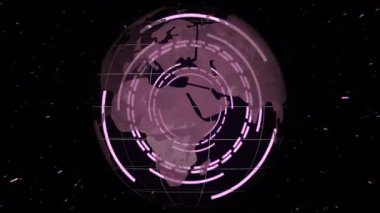 Koyu arkaplanda pembe dairesel desenleri olan dönen dijital kürenin animasyonu. Küresel, ağ, teknoloji, fütüristik, yenilik, soyut