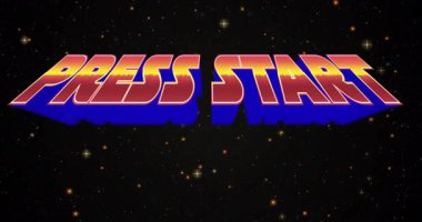 Yıldızlı uzay animasyon arkaplanı üzerinden cesur, renkli Başlat metni. Retro, arcade, oyun, neon, pixelated, nostalji