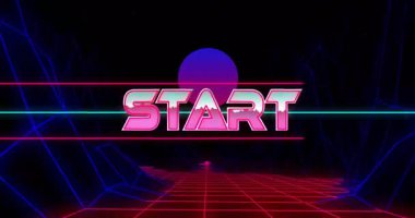 Geçmişe dönük neon START metninin animasyonu geleceksel arka plana sahip ızgara manzarası üzerinde. dijital, 1980 'ler, vintage