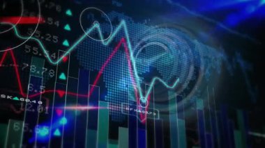 Dünya haritasıyla finansal verileri analiz eden dijital grafik ve grafiklerin animasyonu. Maliye, analitik, küresel, ekonomi, istatistik, teknoloji